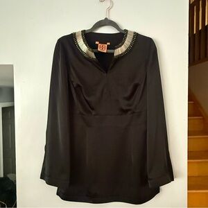 Luxurious Tory Burch Cocktail Black Fitted Tunic with Beaded Collar
